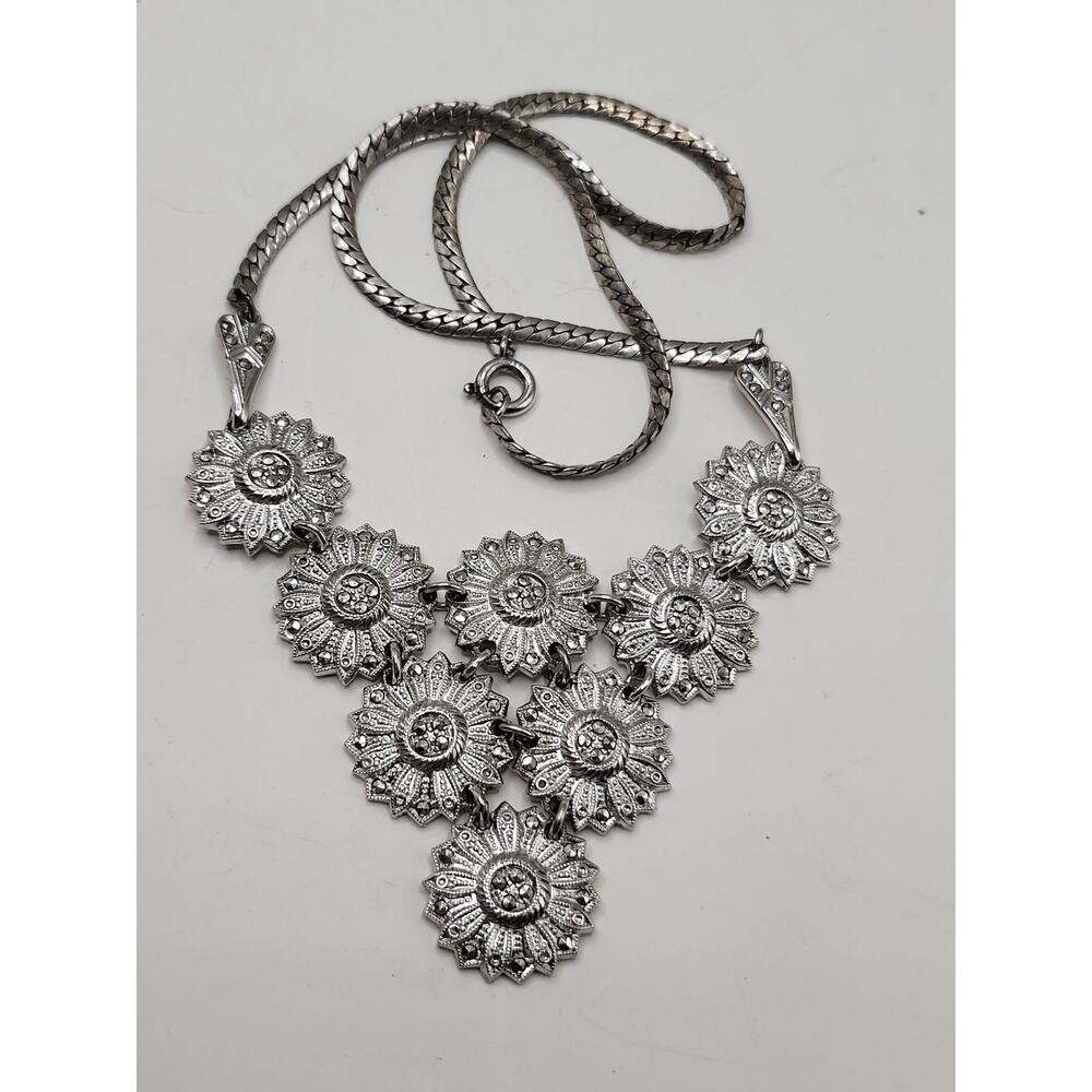 Vintage Floral Necklace Marked Sterling with Marcasite Accents 17 Inch - Picture 2 of 10